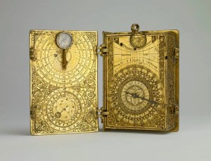 Gilt-brass cased clock-watch with alarm, sundials and lunar volvelle in the form of a book by Hans Kock d.1603